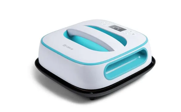 LOKLiK Easy Heat Press in LOKLiK blue at an angle to show the handle at the top and sides.