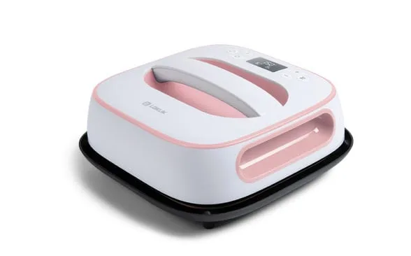 LOKLiK Easy Heat Press in romance pink at an angle to show the handle at the top and sides.