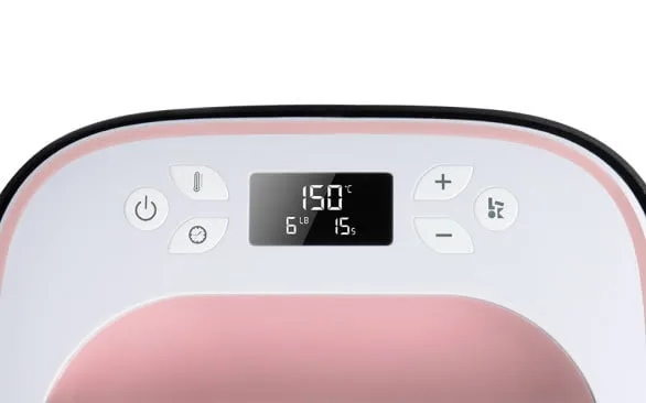Closer view of the display screen and buttons of the LOKLiK Easy Heat Press in romance pink. The display shows 154 °C, 2.72 kg and 15s.