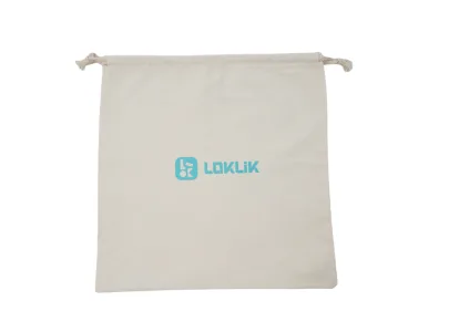 Side view of the empty fabric drawstring LOKLiK Easy Heat Press travel bag with a LOKLiK printed logo in the center