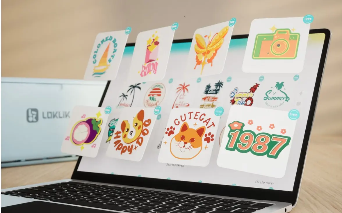 LOKLiK IdeaStudio opened on laptop. Several designs are floating in the air.
