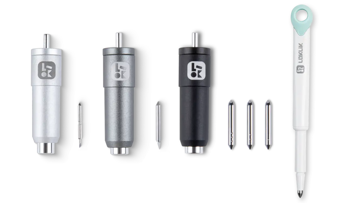 LOKLiK iCraft™ Fine point blade, LOKLiK iCraft™ deep point blade, LOKLiK iCraft™ foil transfer tip, LOKLiK iCraft™ scoring stylus