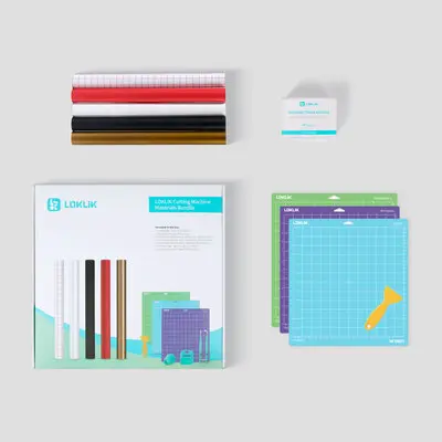 Top view of the contents of the iCraft™ Starter Pack neatly laid out: a roll of gid transfer tape, matt white heat transfer vinyl, glossy gold, matt black and red permanent adhesive vinyl, 3 cutting mats in blue purple and green and a box of weeding tools.