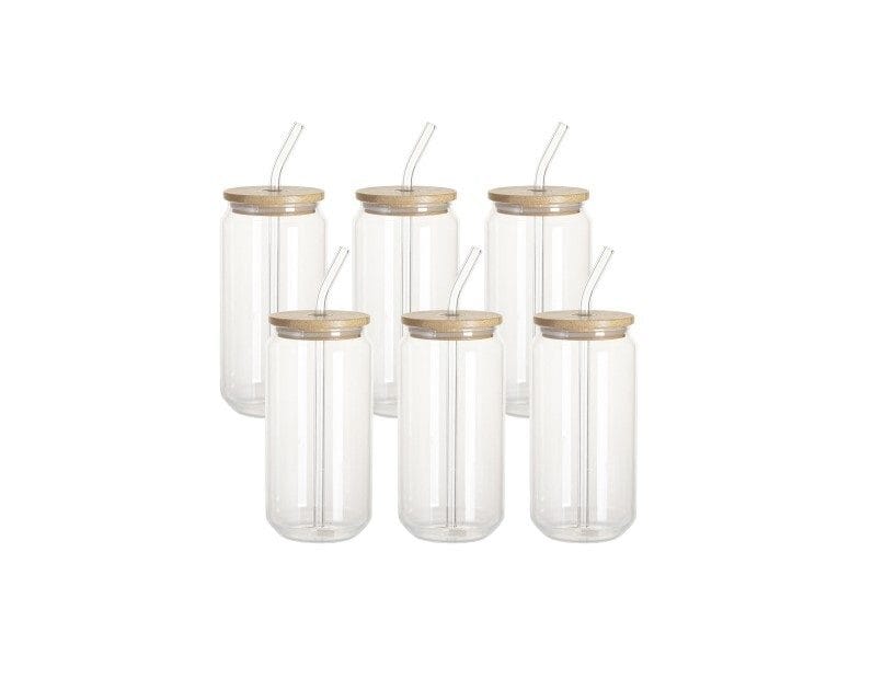 Set van 6 glazen van 550 ml met een rietje en een bamboe deksel voor sublimatie