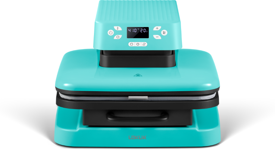 Frontal view of a LOKLiK Auto Heat Press in LOKLiK Blue