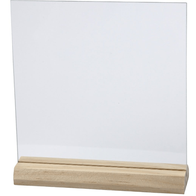 Glazen plaat met houten voet 15,5 x 15,5 cm