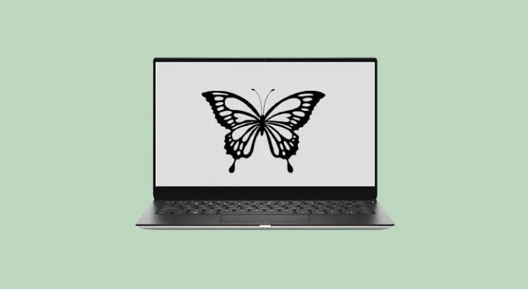 Laptop with a vectorised design of a black butterfly showing on the screen.