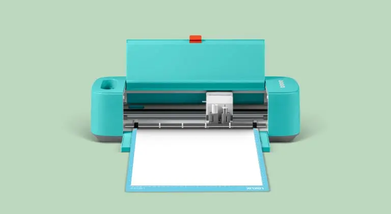 Frontal view of an open LOKLiK Crafter with a blue cutting mat and white heat transfer vinyl.