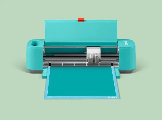Frontal view of an open LOKLiK Crafter with a blue cutting mat and tiffany blue permanent adhesive vinyl.