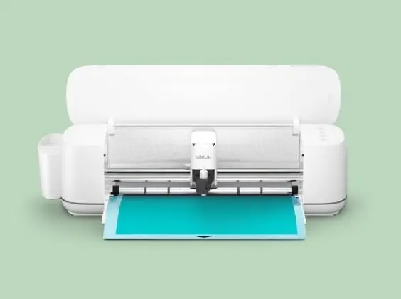 Frontal view of an open LOKLiK iCraft with a blue cutting mat and tiffany blue permanent adhesive vinyl.