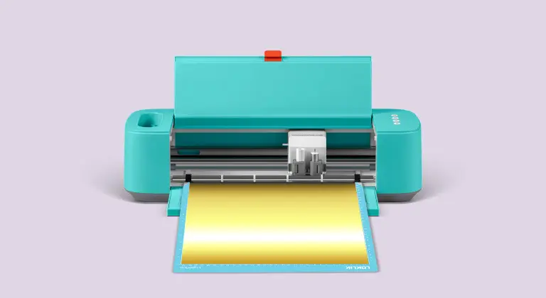 Frontal view of an open LOKLiK Crafter with a blue cutting mat and gold mirror metallic permanent adhesive vinyl.